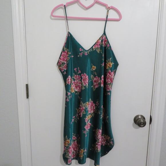 Dentelle Womens Sz L Emerald Green Floral Satin Slip Dress Vintage Made in USA - Picture 3 of 5